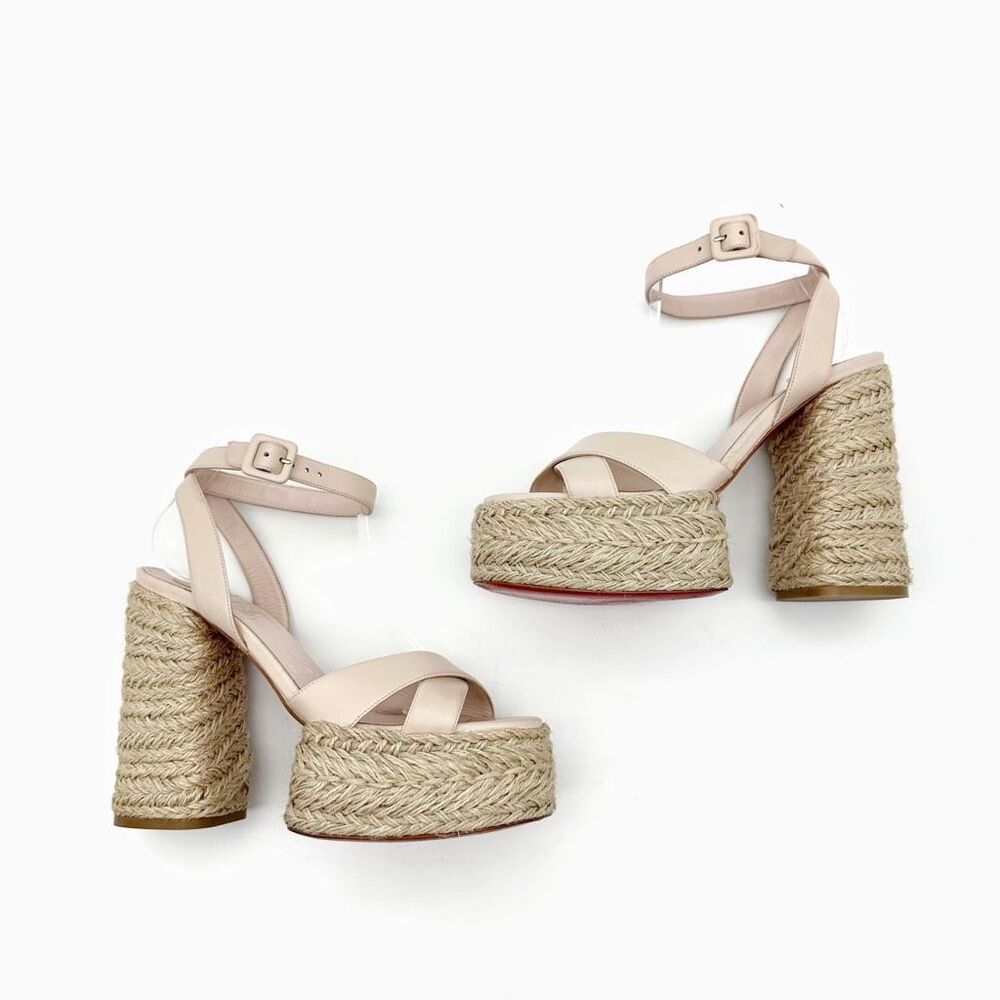CHRISTIAN LOUBOUTIN Super Mariza Platform Espadrille Block Heels Size 38 Beige - Picture 4 of 15